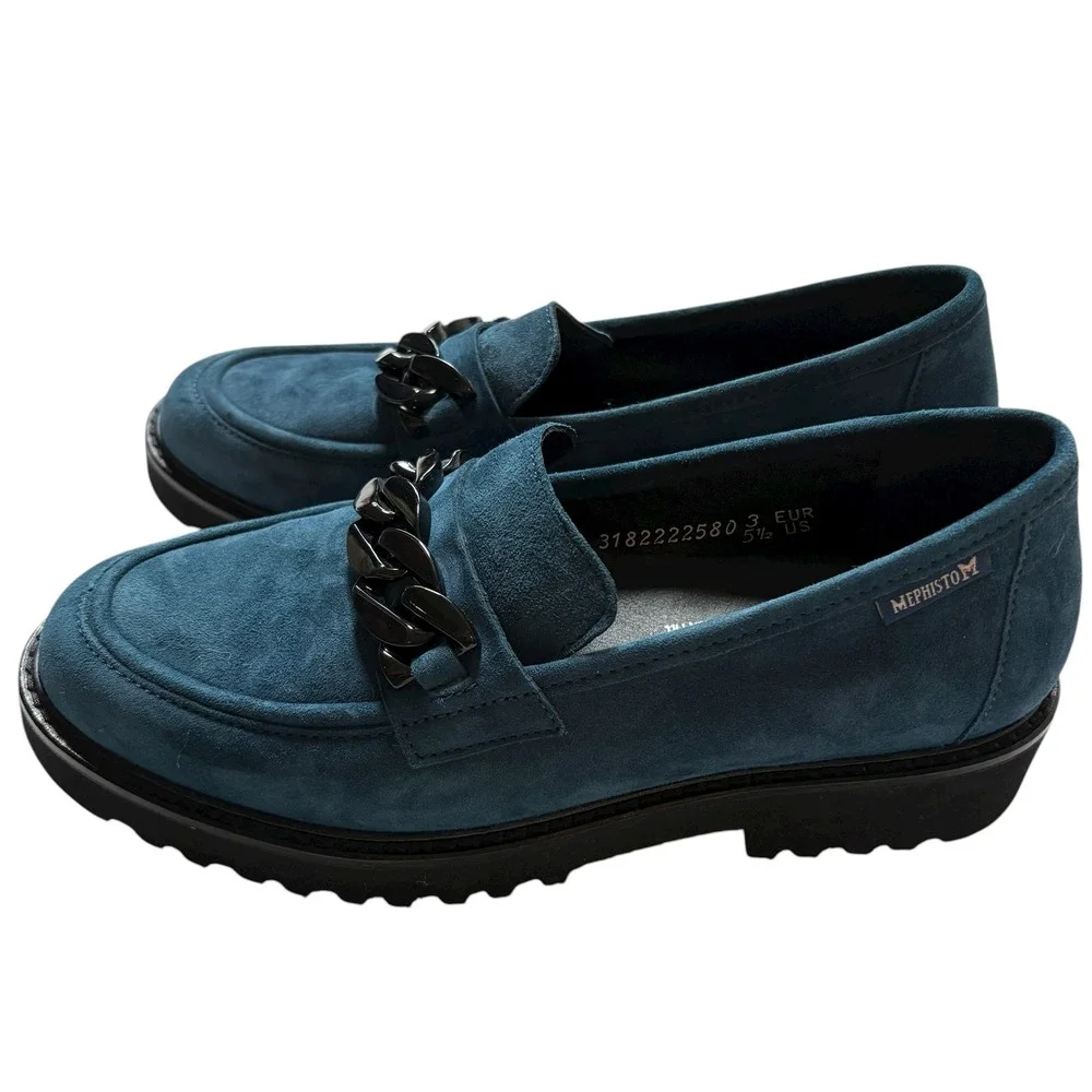 Mephisto NWOT Salko Blue Suede Chain Loafer Women US 5.5
